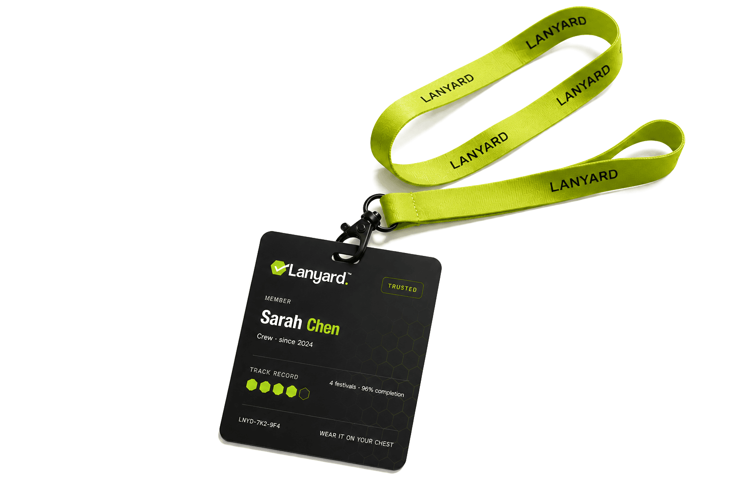 Lanyard pass card — Sarah Chen, Trusted